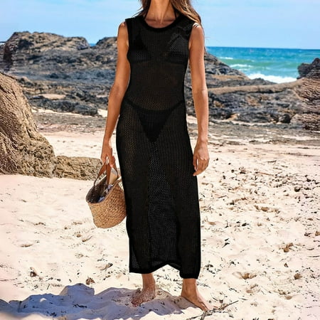 MSJUHEG Crochet Swimsuit Coverup for Women Cute Coverups Knit Beach Cover Up Women s Sleeveless Hollow Knit Bikini Swimsuit Mesh Cover Up Beach Cardigan Black S