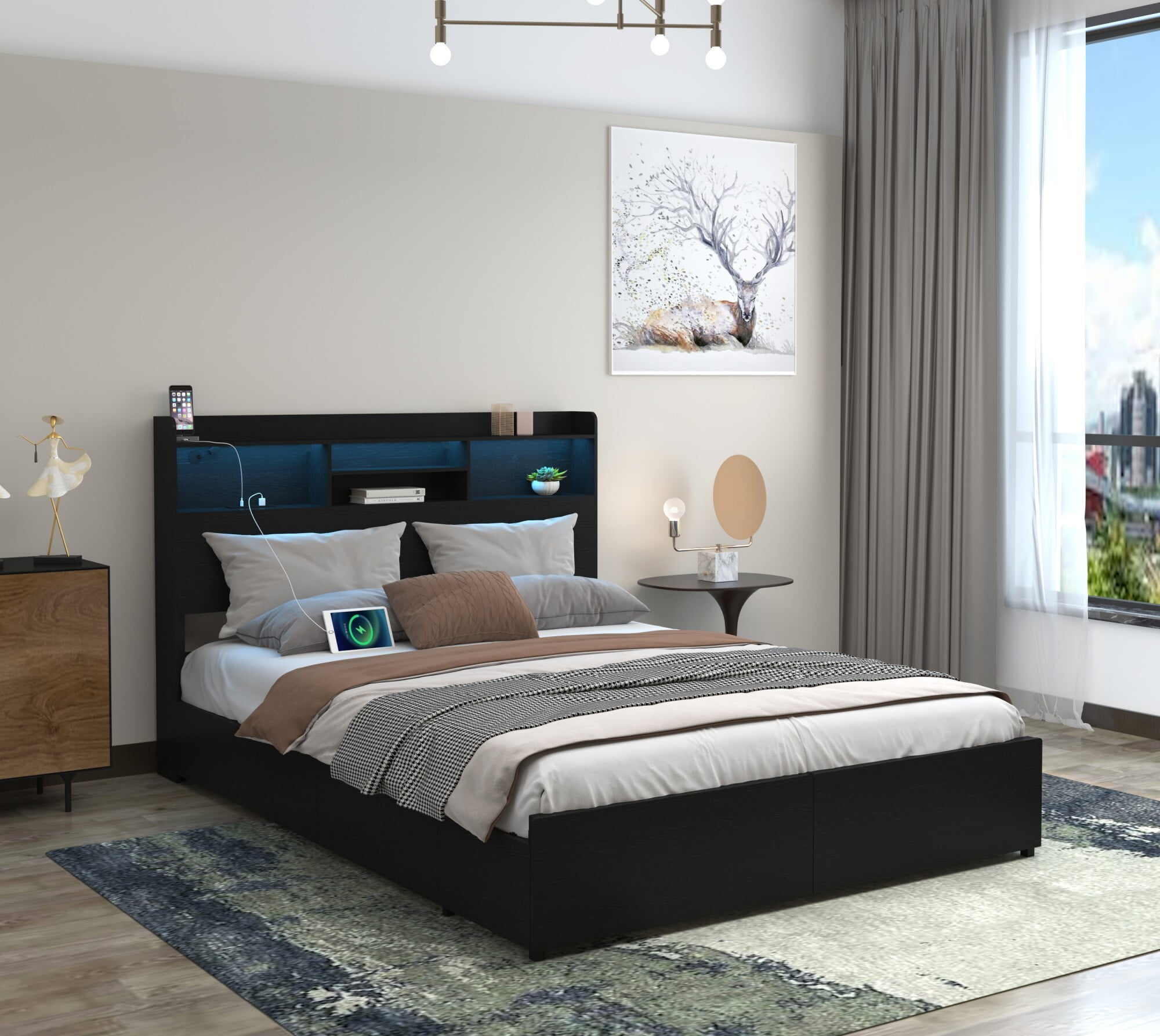 AENKYO Full Size Bed Frame with 6 Storage Drawers & LED Lights - Storage Headboard with Charging, Noise-Free, Black