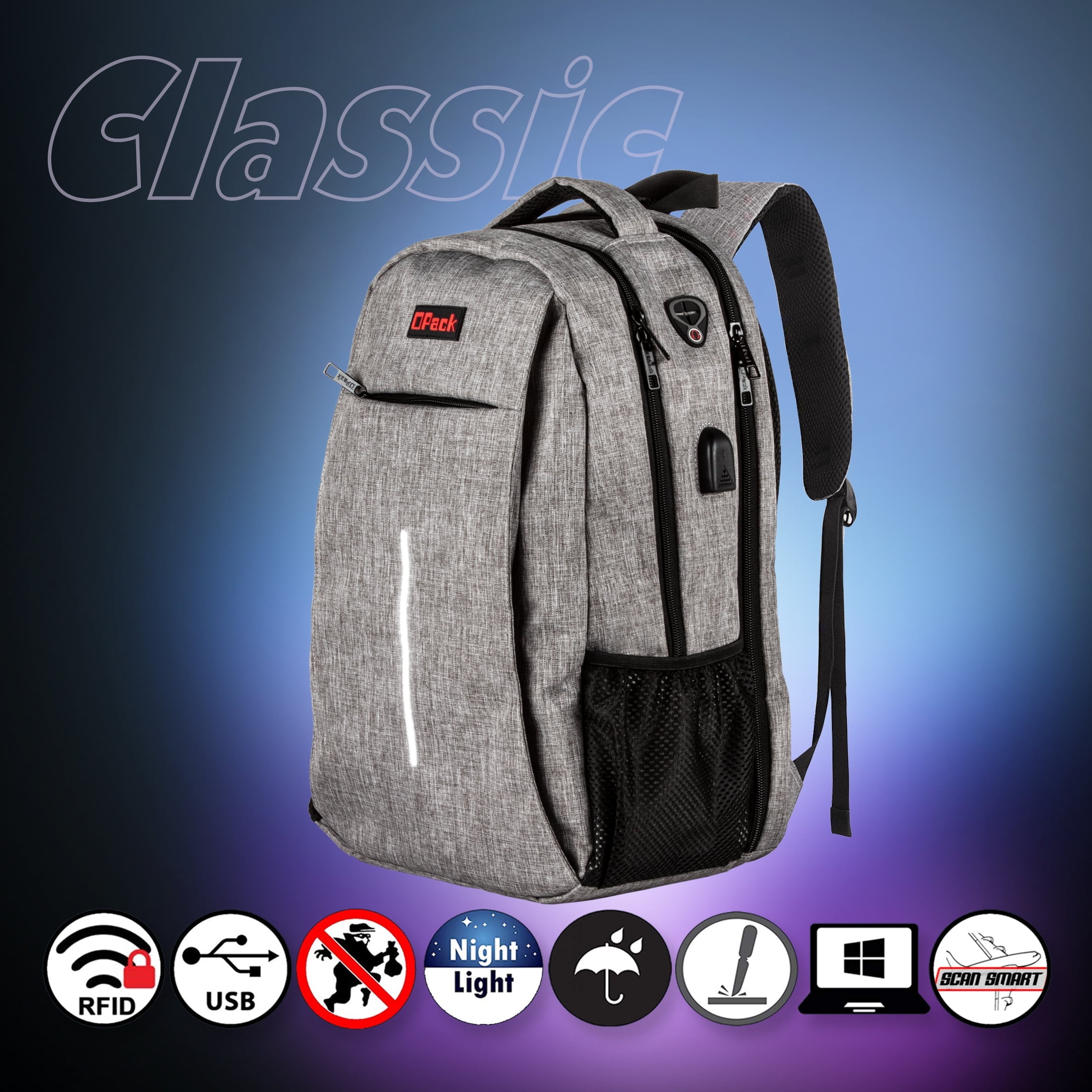 OPACK Large Padded Backpack for Adults, Anti-Theft RFID, USB Port, Suitable for 17" Laptop