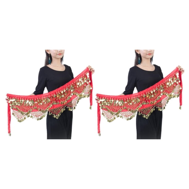 Qarigey Cadena de cintura para danza del vientre, colgante portátil, tres filas de lentejuelas, borlas, moneda, bufanda a la cadera, Rojo 2piezas