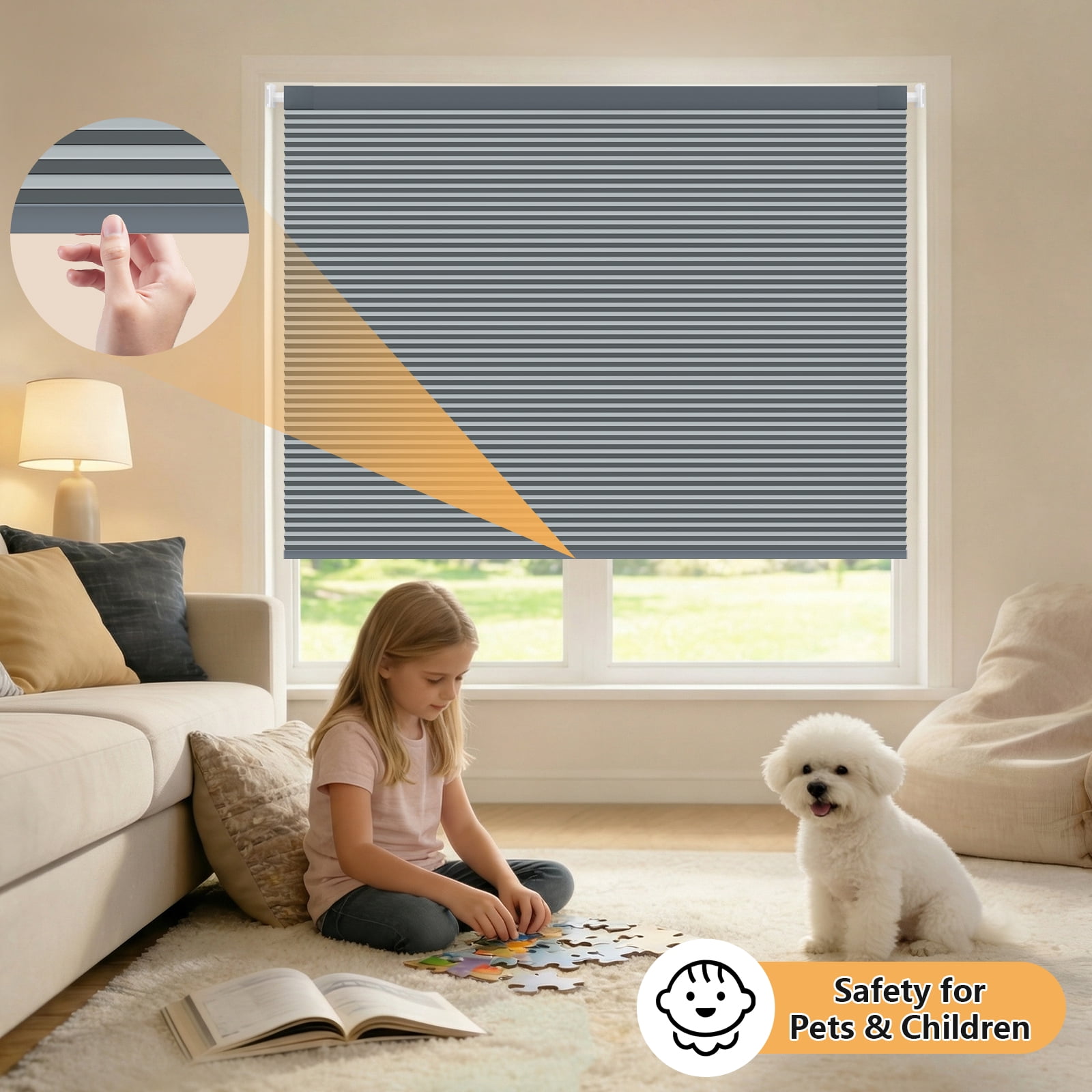Shade&Beyond 34"x48" No Drill Cordless Blackout Cellular Shades, Thermal Insulated Noise Reducing Honeycomb Blinds for Indoor Windows, Dark Gray