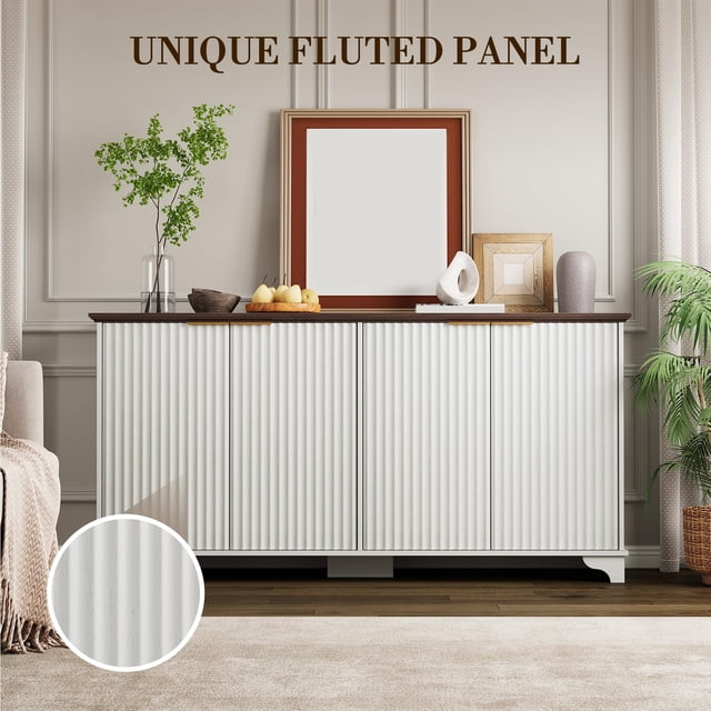 Buffet Bahut Cannelé Yiwa, Armoire de Rangement de 61 Pouces, 4 Portes, Tablettes Ajustables