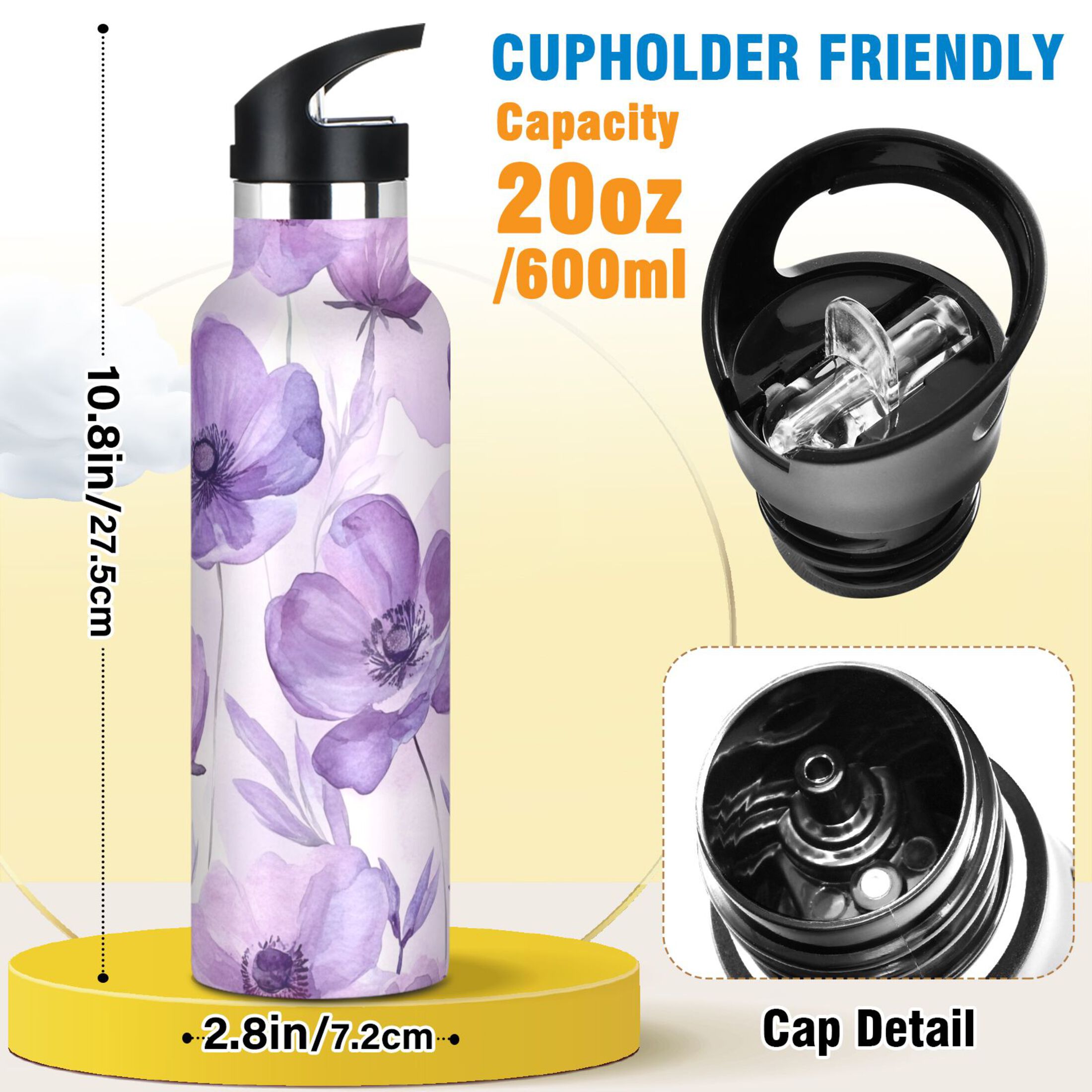 600ML Stainless Steel Insulated Cup Sports Water Bottle Portable Thermos Cup Water Glasses Insulated Tumblers Convenient and Durable Cartoon Lavender Flowers Seamless