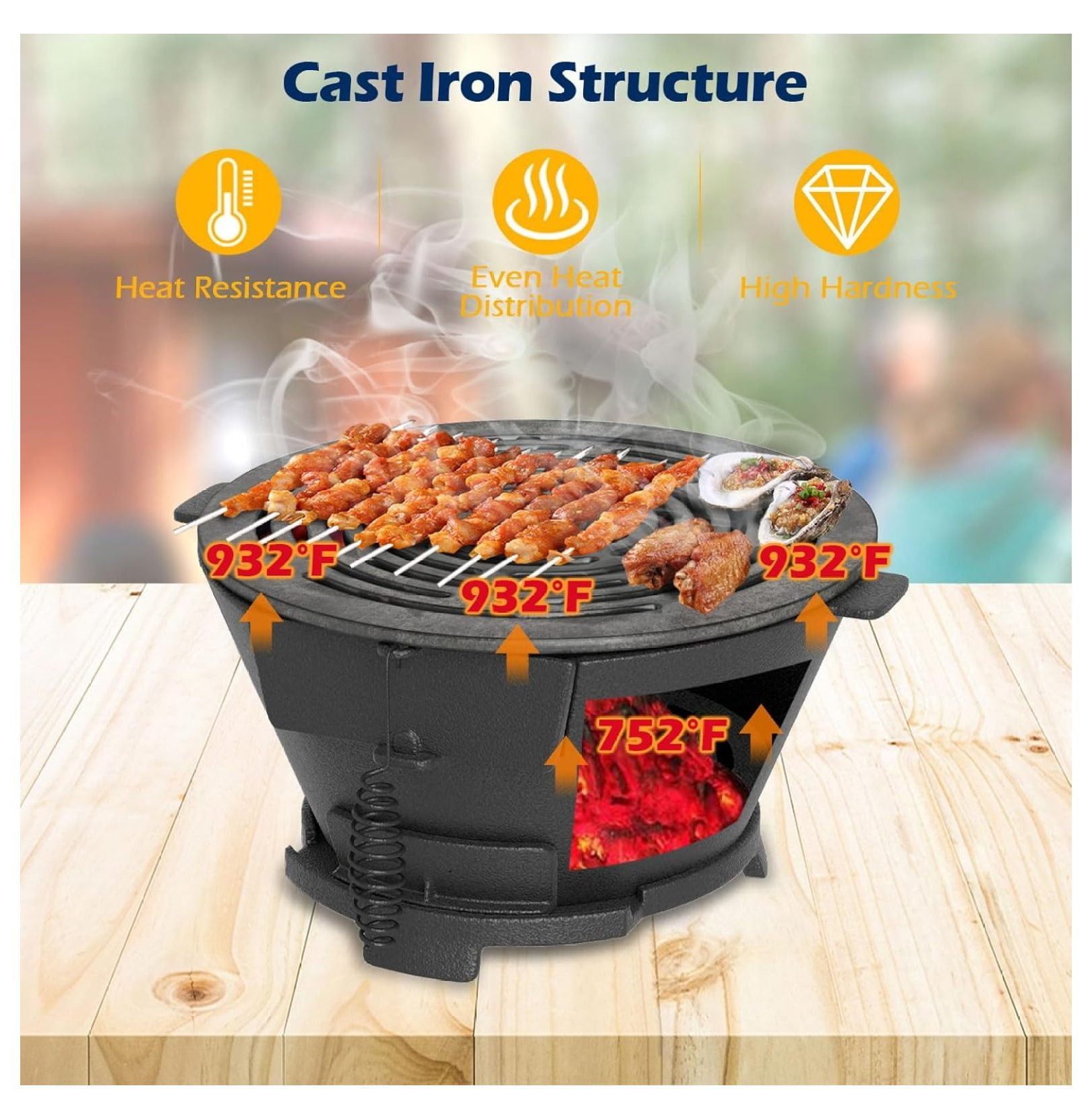 Cast Iron Hibachi Charcoal Grill XYT Portable Japanese BBQ Double-Sided Grate for Camping Picnic