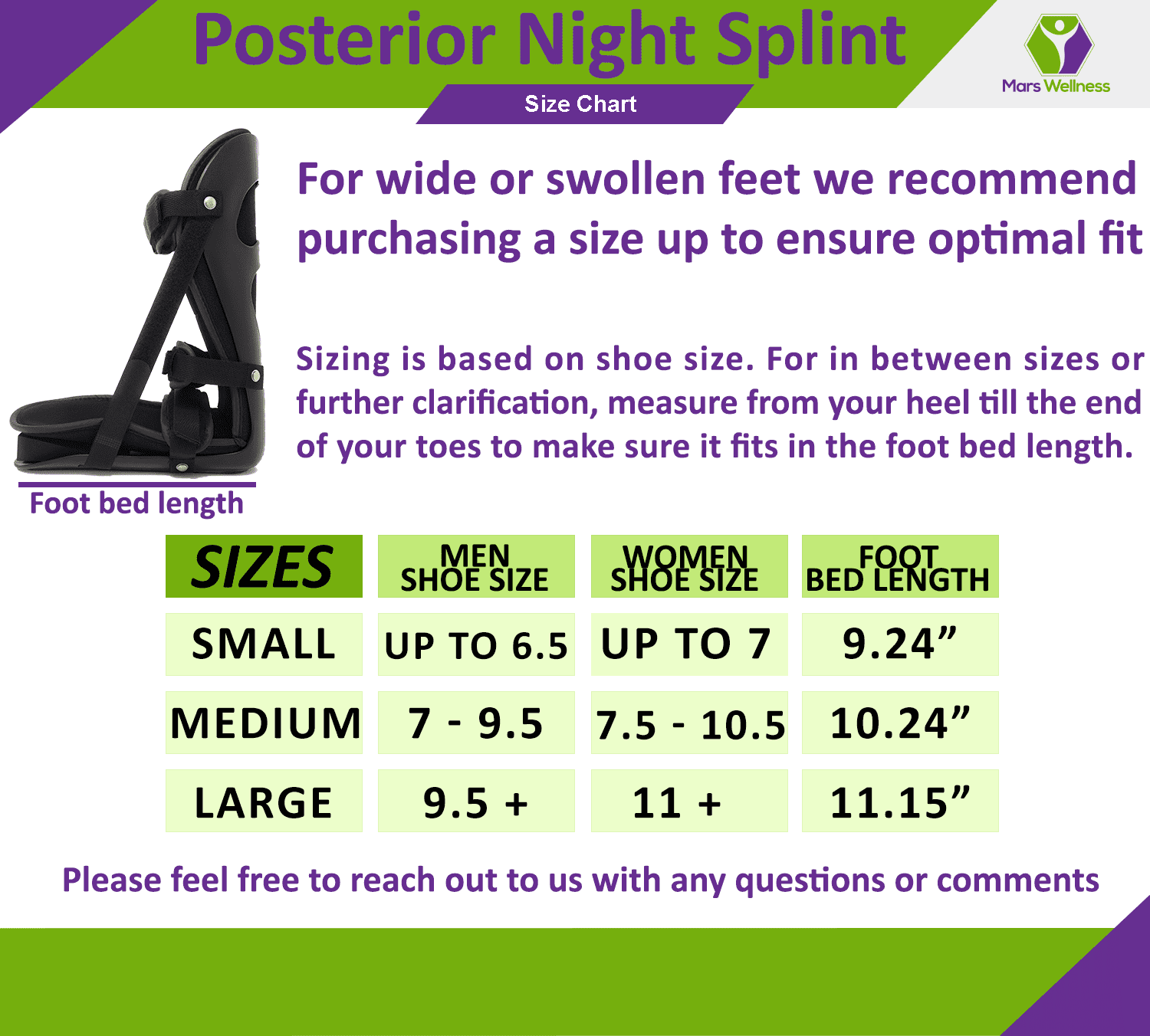 Mars Wellness Night Splint Size Chart