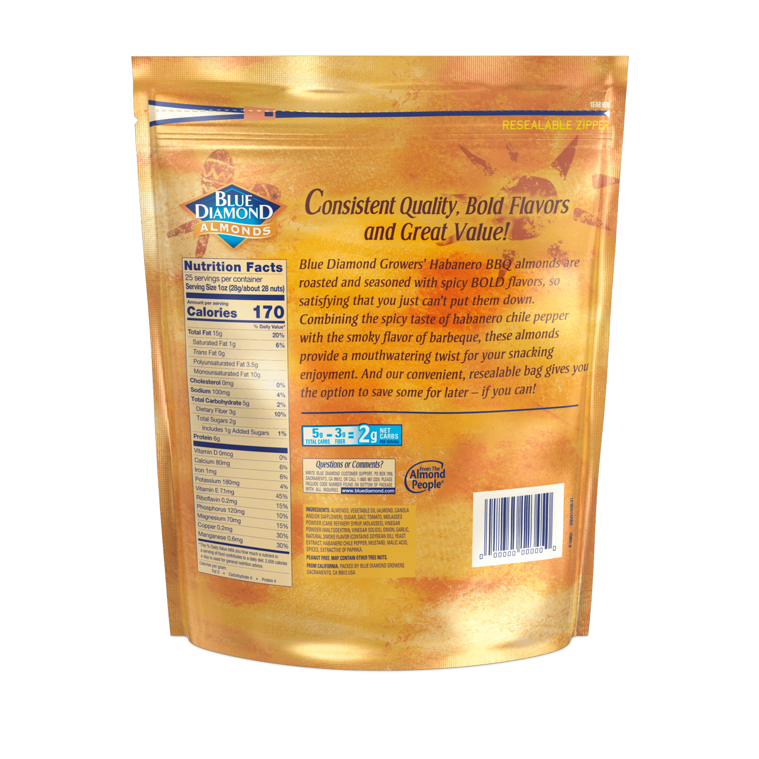 Blue Diamond Almonds, Bold Habanero BBQ Flavored Snack Nuts, 25 oz Resealable Bag