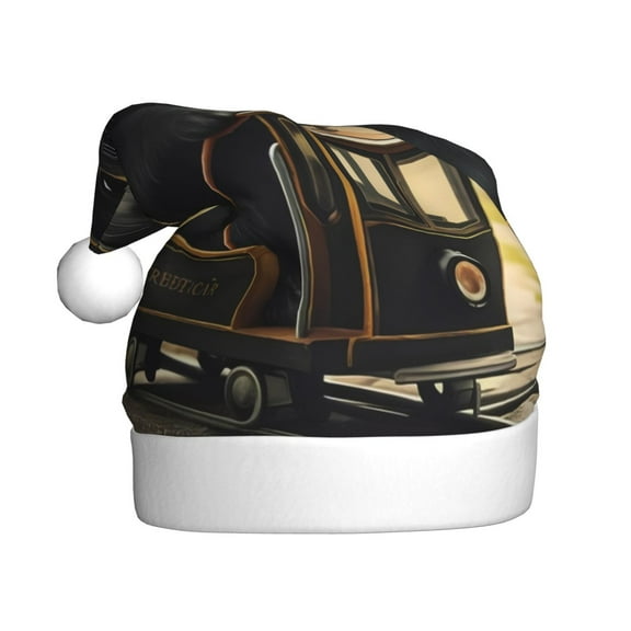 Kowoue Adorable Kitten On Mini Train Pattern Santa Hat Christmas Hats for Adults, Holiday Unisex Velvet Comfort Xmas Hat for Women Men