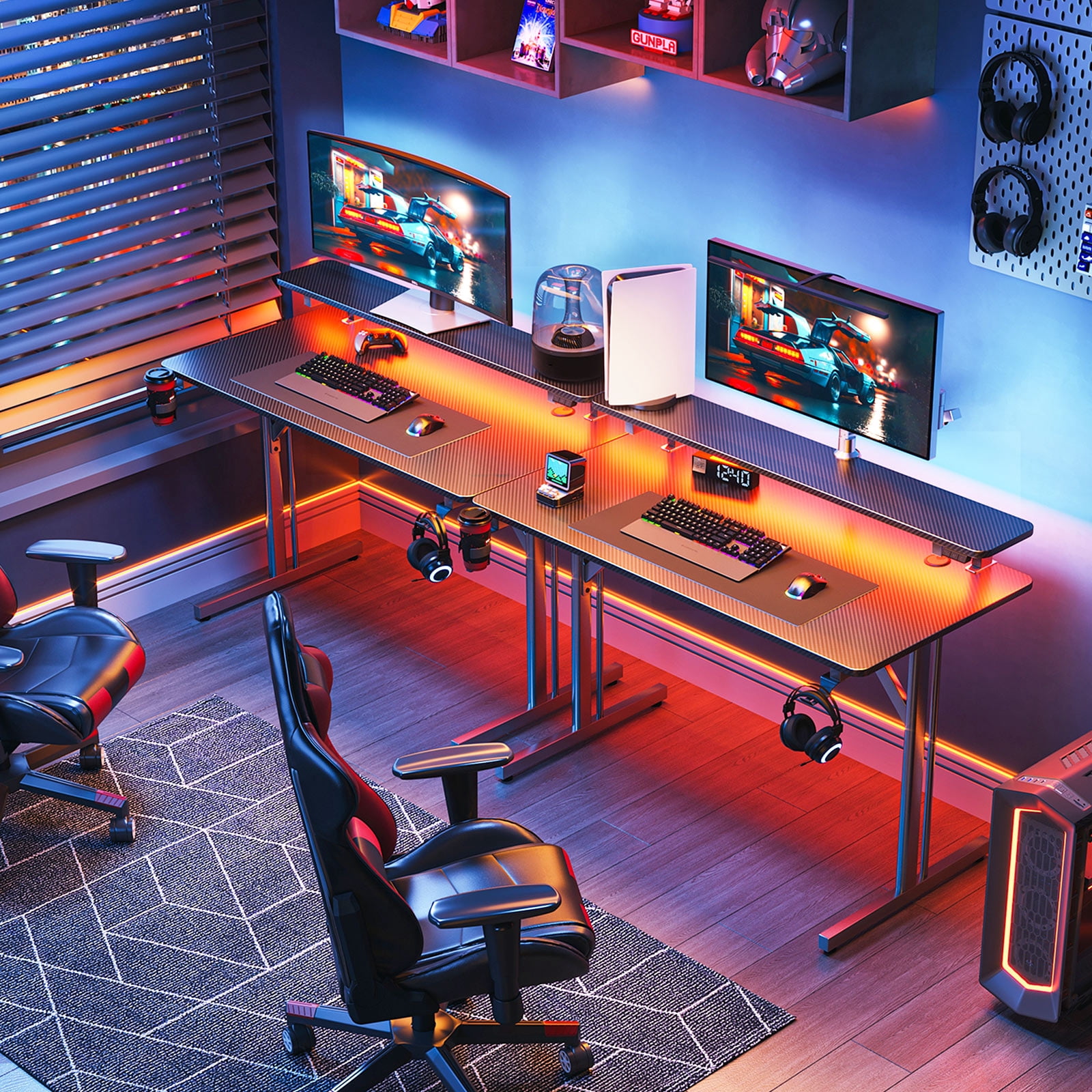 31 inch Gaming Desk with Monitor Stand, T- Shaped Carbon Fiber Surface Computer Desk with Double Headphone Hooks, USB Gaming Rack & Cup Holder, Black