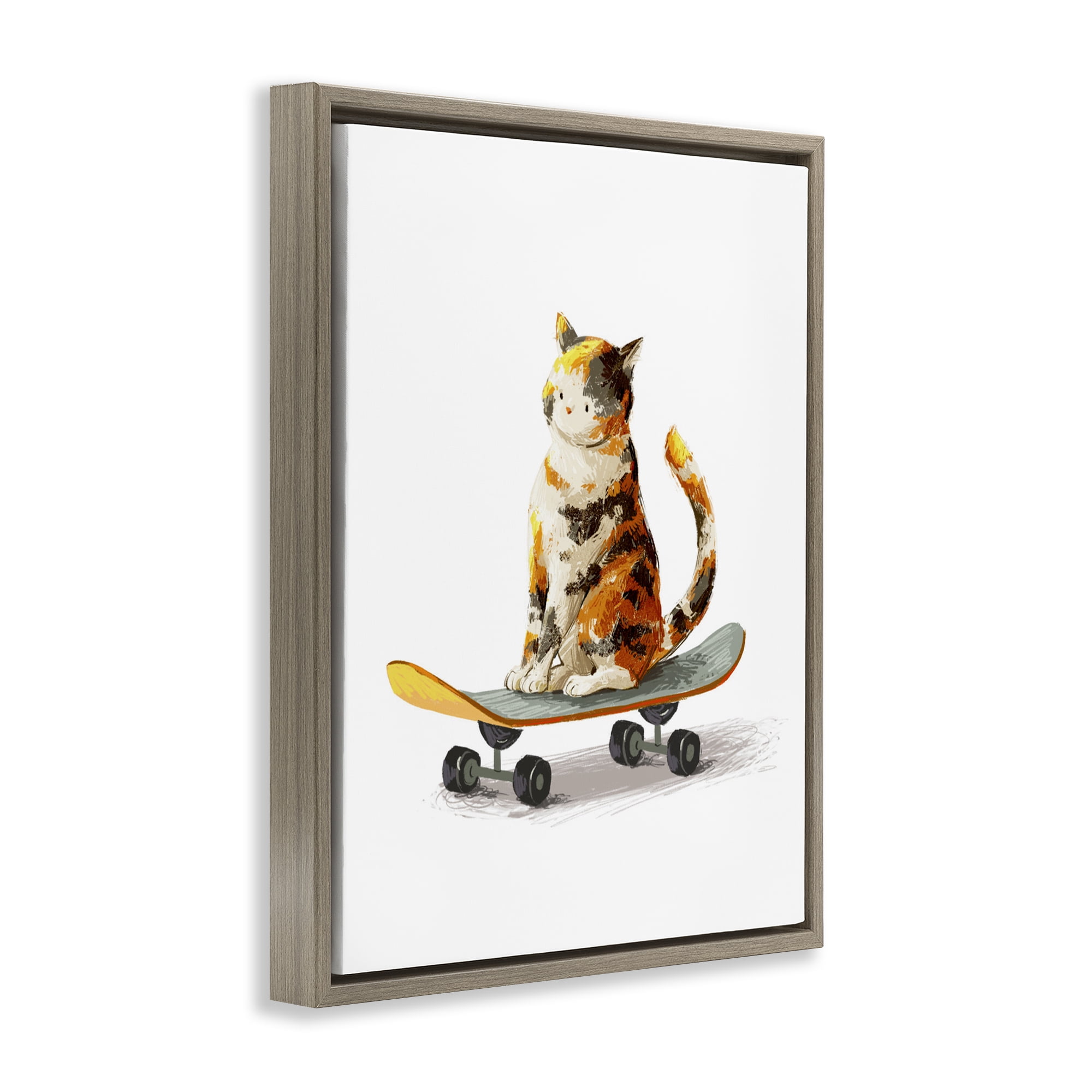 Stupell Industries Calico Cat on a Skateboard Brown Framed Floater Canvas Wall Art, design by Ziwei Li