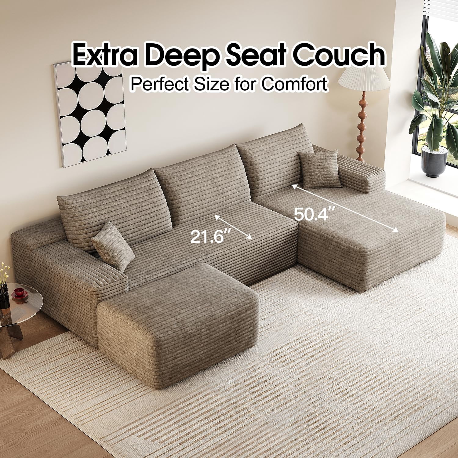 Sailvan 107" Cloud Sectional Couch, Cloudy Sofa with L-Shape Chaise & Ottoman, Upholstered Couches for Living Room & Bedroom, No Assembly Required, Plush Corduroy Fabric, Camel