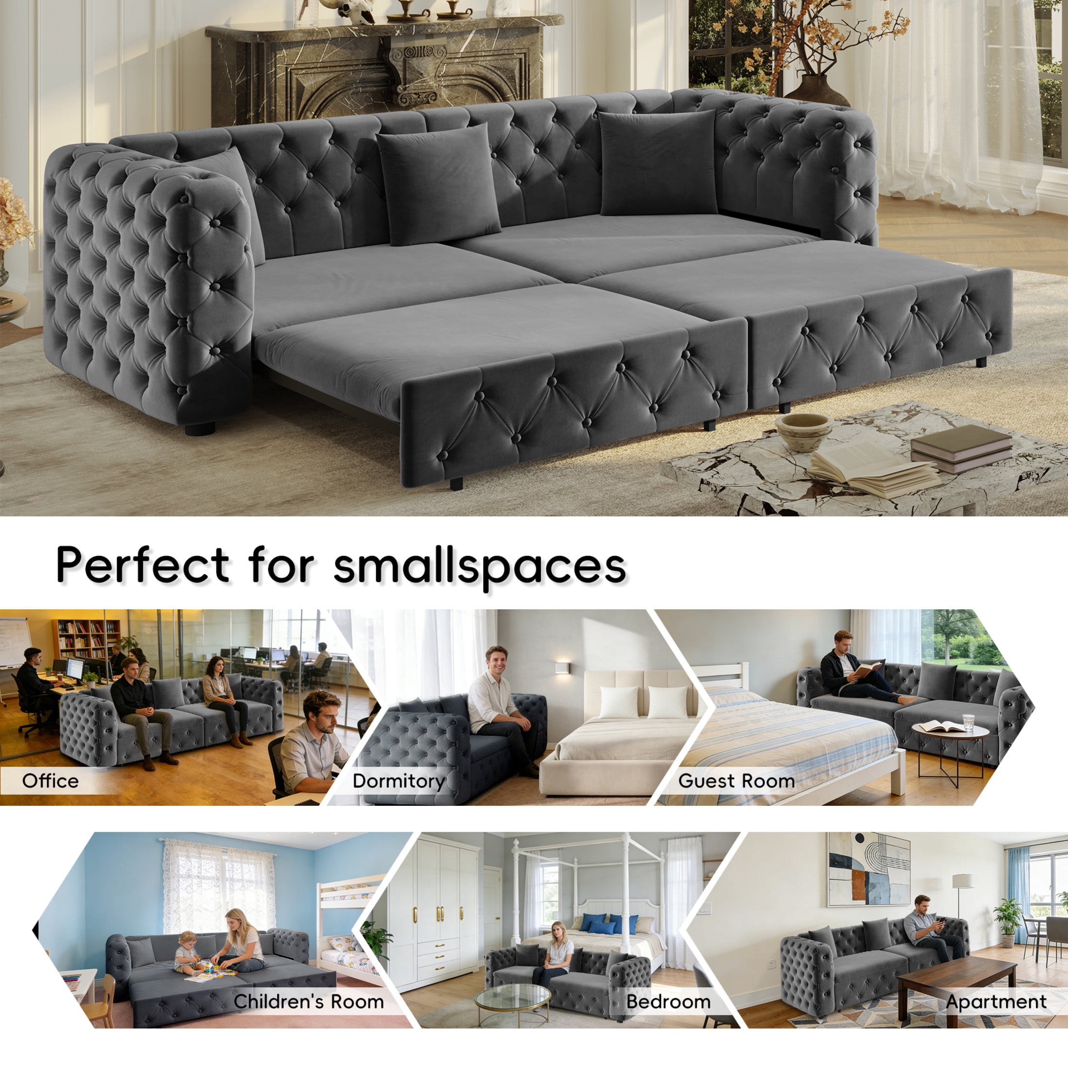 Noble House Belric 4-Seater Velvet Chesterfield Pull-Out Sofa Bed, Multifunctional 3-in-1 Tufted Sleeper Couch, Grey