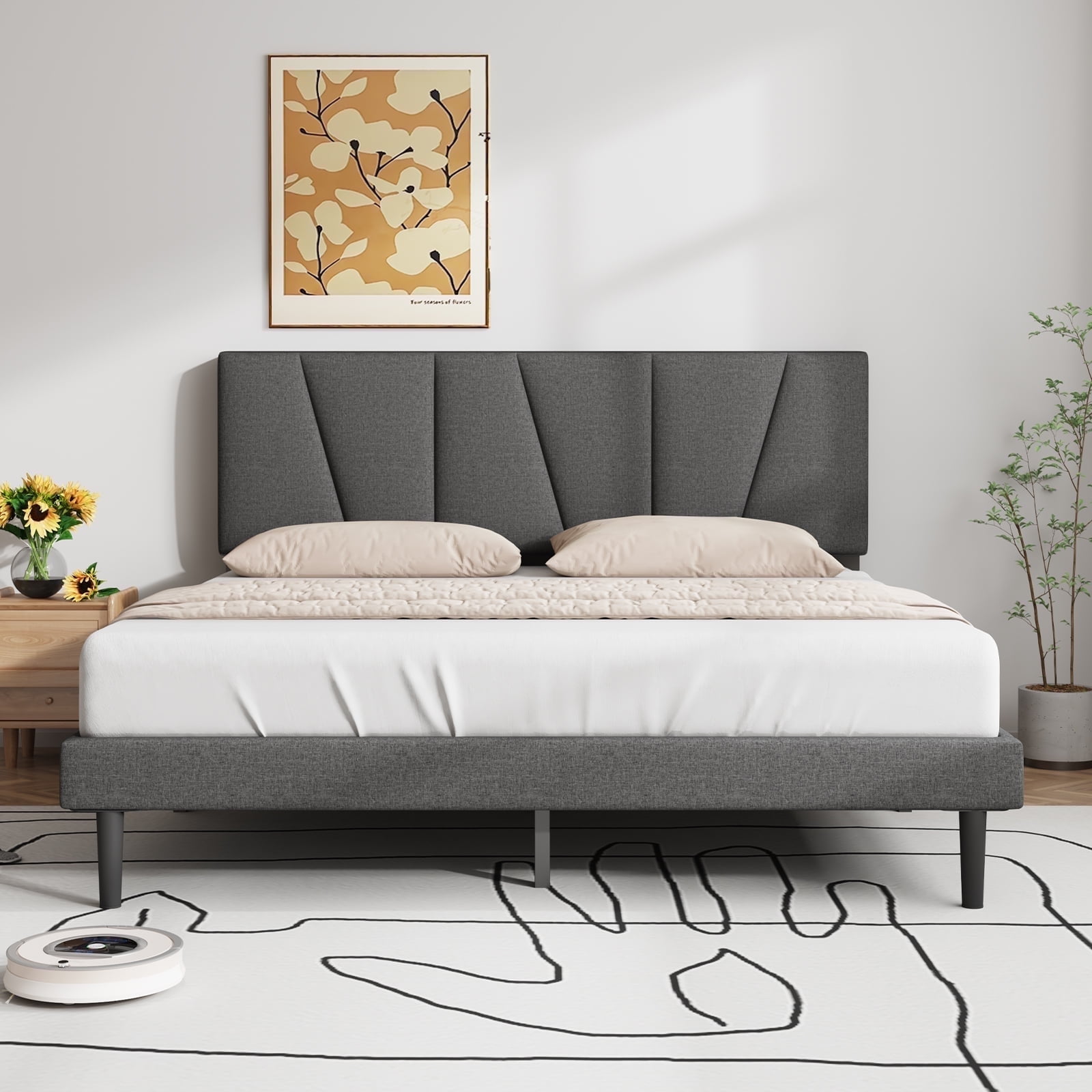 Telino Queen Bed Frame, Queen Wood Platforms Bed Frame with Wooden Slats Support, No Box Spring Needed, Pine