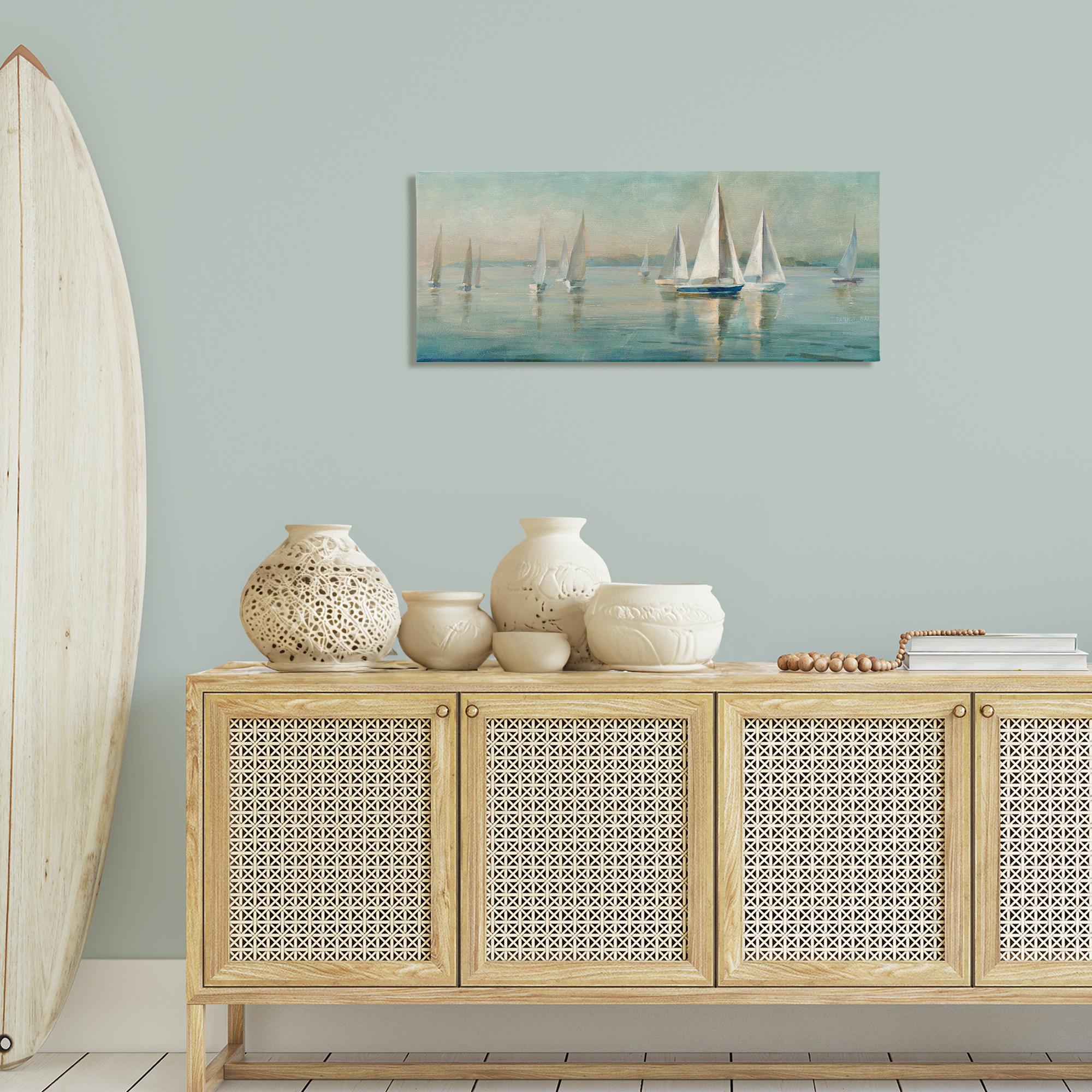 Stupell Industries Panoramic Sailing at Sunrise Nautical & Beach Painting Wrapped Canvas Art Print Wall Art, 40 x 17