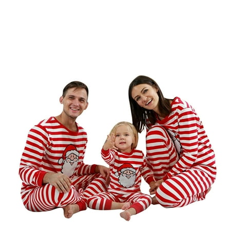 Matching Family Christmas Pajamas Set, Striped Plaid long sleeve,Classic Santa Stripes Printing Long Sleeve Top + Elastic Waist Pants Set