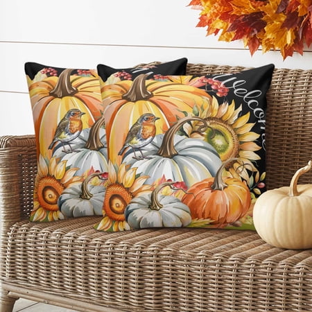 Fall Pumpkin Pillow Covers 2 Pack Harvest Sunflower Bird Autumn Leaf Welcome Pillowcase Waterproof Outdoor Throw Pillow Cover for Patio Garden Balcony Decorative Square Cushion 24 x24