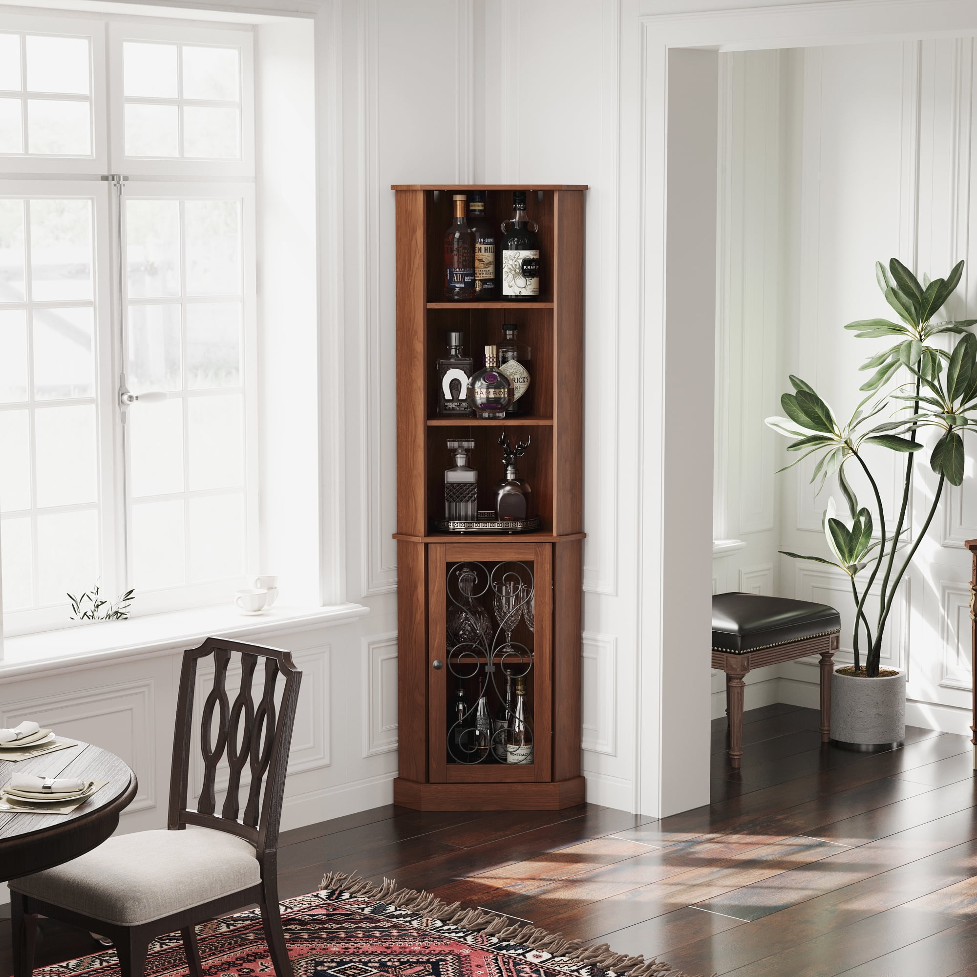 Leumius Tall Corner Bar Cabinet, Narrow Wood Liquor Cabinet with Open Shelves and Metal Mesh Door, Freestanding Corner Wine Storage Cabinet for Living Room, Dining Room Home Decor