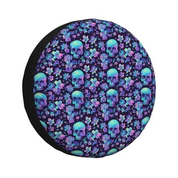 Fuzoiu Blue Flower Skull Print Universal Spare Tire Cover with Buckle Strap, Waterproof Wheel Covers for Jeep, Trailer, RV, Truck and All Car-14 inch