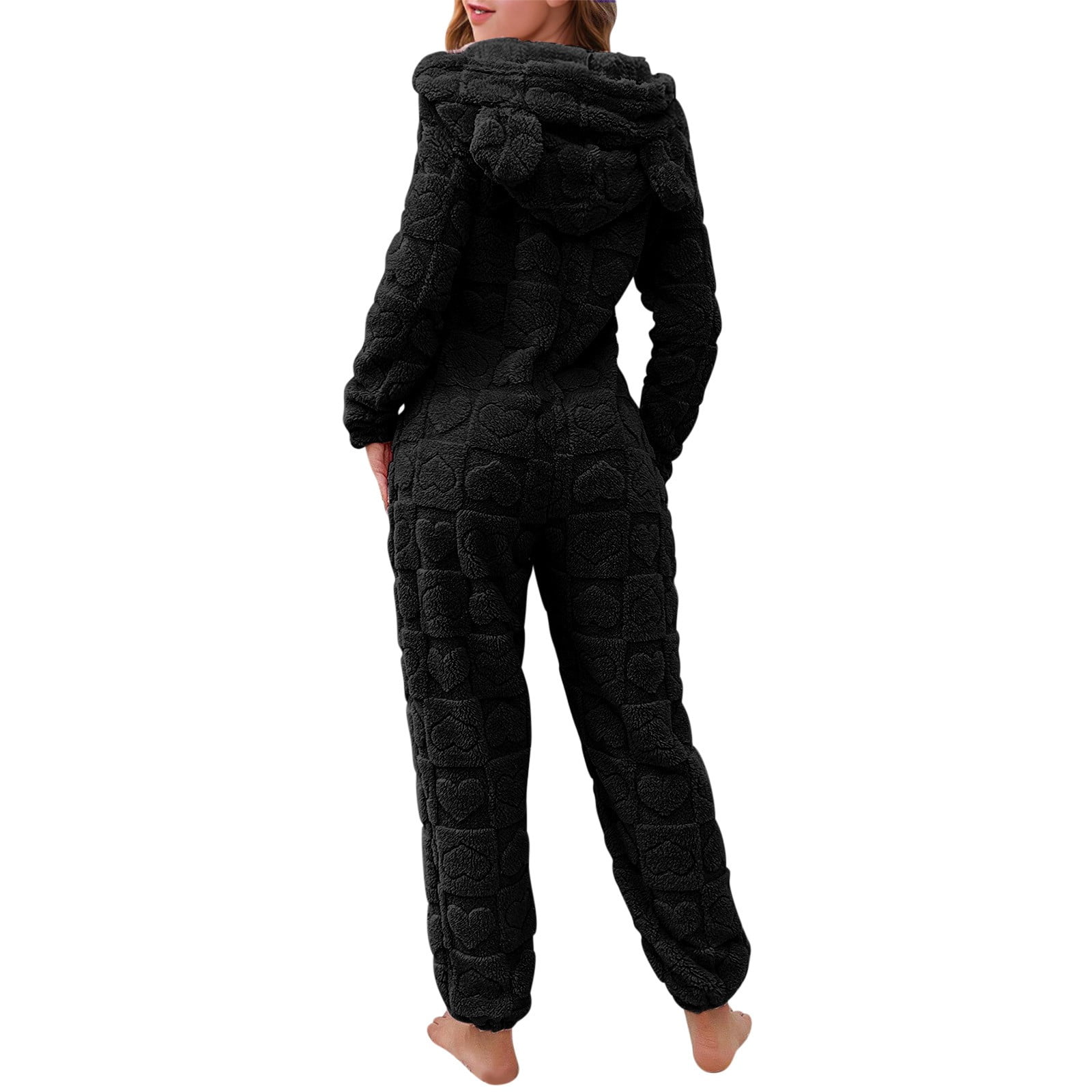 BiZtdJrK Women's Furry Sherpa Onesie Pajamas Fashion Heart Jacquard Jumpsuits Cute Ear Hood Romper Lounge Sleepwear, Black, M