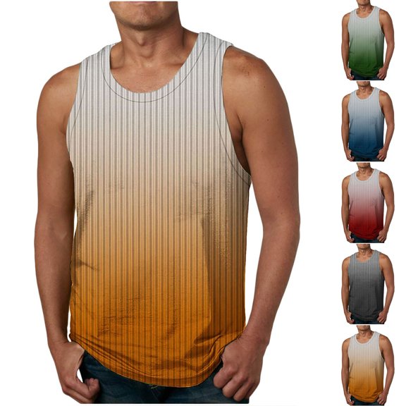 Men's Cotton Graphic Tank Tops Muscle Gym T Shirts Crew Neck Gradient Tee Tops Red XXXXL