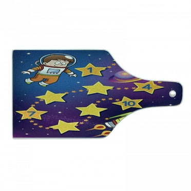 Cartoon Activity Cutting Board, Space Themed Numbers Game Astronaut Reaching to the Spaceship, Decorative Tempered Glass Cutting and Serving Board, Wine Bottle Shape, Multicolor, by Ambesonne
