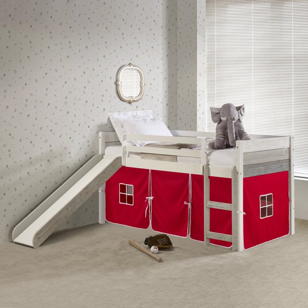 TWIN PANEL LOW LOFT BED WITH SLIDE IN TWOTONE GREY/WHITE FINISH & RED