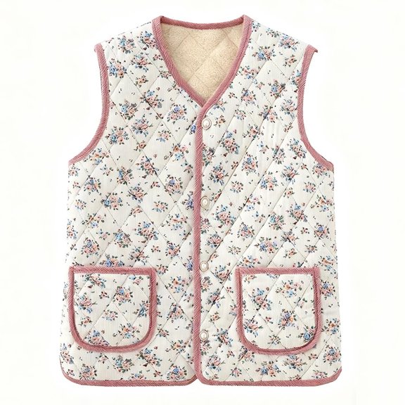 Women's Plus Size Puffer Vest Casual Floral Print Button Front Sleeveless Jackets Fall Winter Warm Outerwear White 3XL