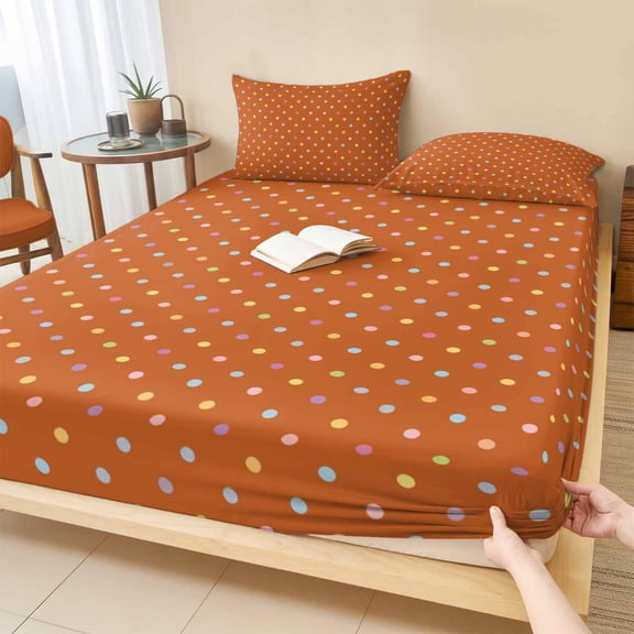 Cal.King Size Fitted Sheet Set - Color Polka Dot 3 Piece Bedding Sets 16" Deep Pocket Fitted Sheet with 2 Pillowcases, Modern Simple Geometric Brown Brushed Microfiber Hotel Luxury Bed Sheets
