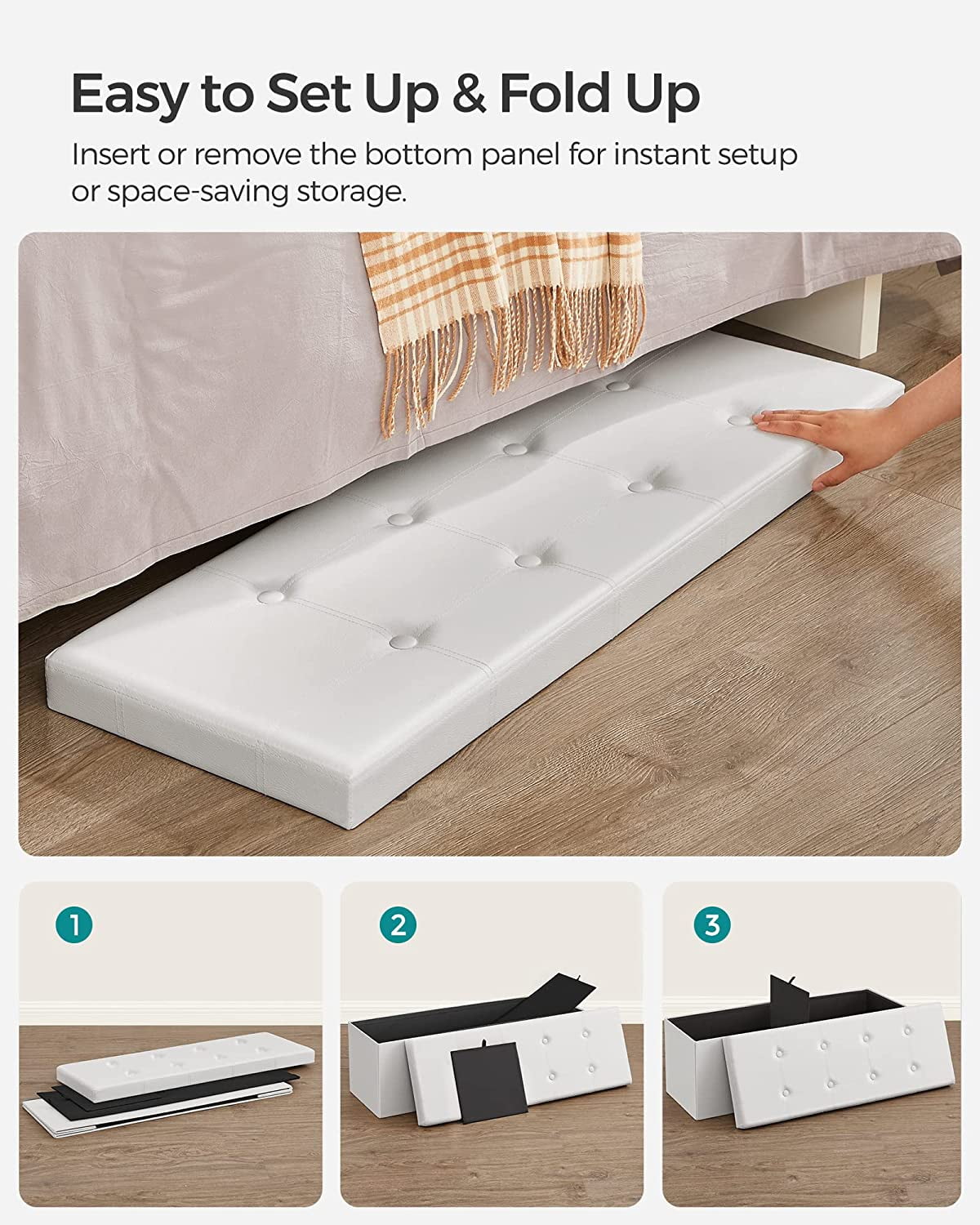 SONGMICS 43" Storage Ottoman Bench Leather Ottoman with Storage Hold up to 660lb Folding Footstools for Bedroom Living Room White
