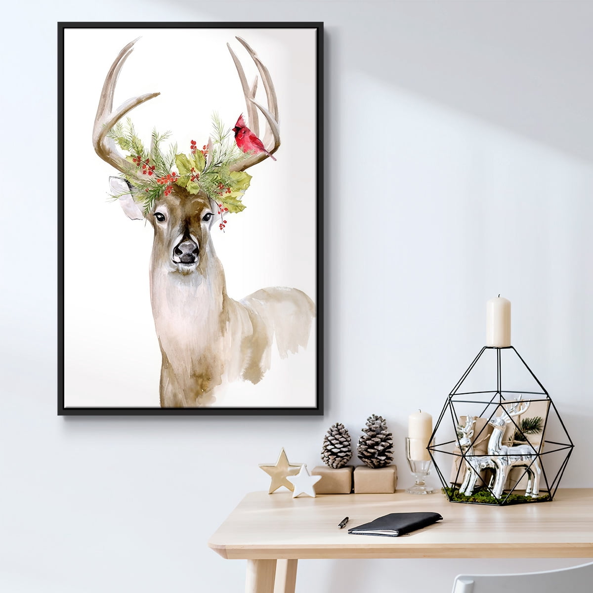 Holiday Deer I - Framed Gallery Wrapped Holiday Canvas - 17 x 25 - Black Frame