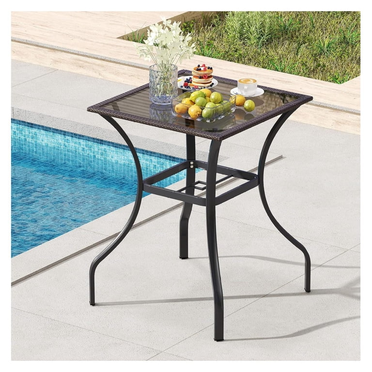 bar height patio table with umbrella hole tempered glass VINGLI Outdoor Metal Bar Table, Outdoor Bar Table Pub Table for Patio High Top Table (Brown) study and game room but also very suitable for bars Pellebant Outdoor Bar Height Table
