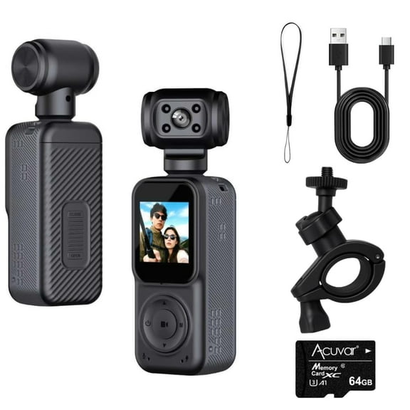Acuvar 2K Pocket Camera with 3-Axis Gimbal Stabilizer, Video Camera for Photography Pocket Body Cam Action Handheld Vlogging Camera with LCD Screen Face Tracking & Motion Stabilization W 64GB SD Card