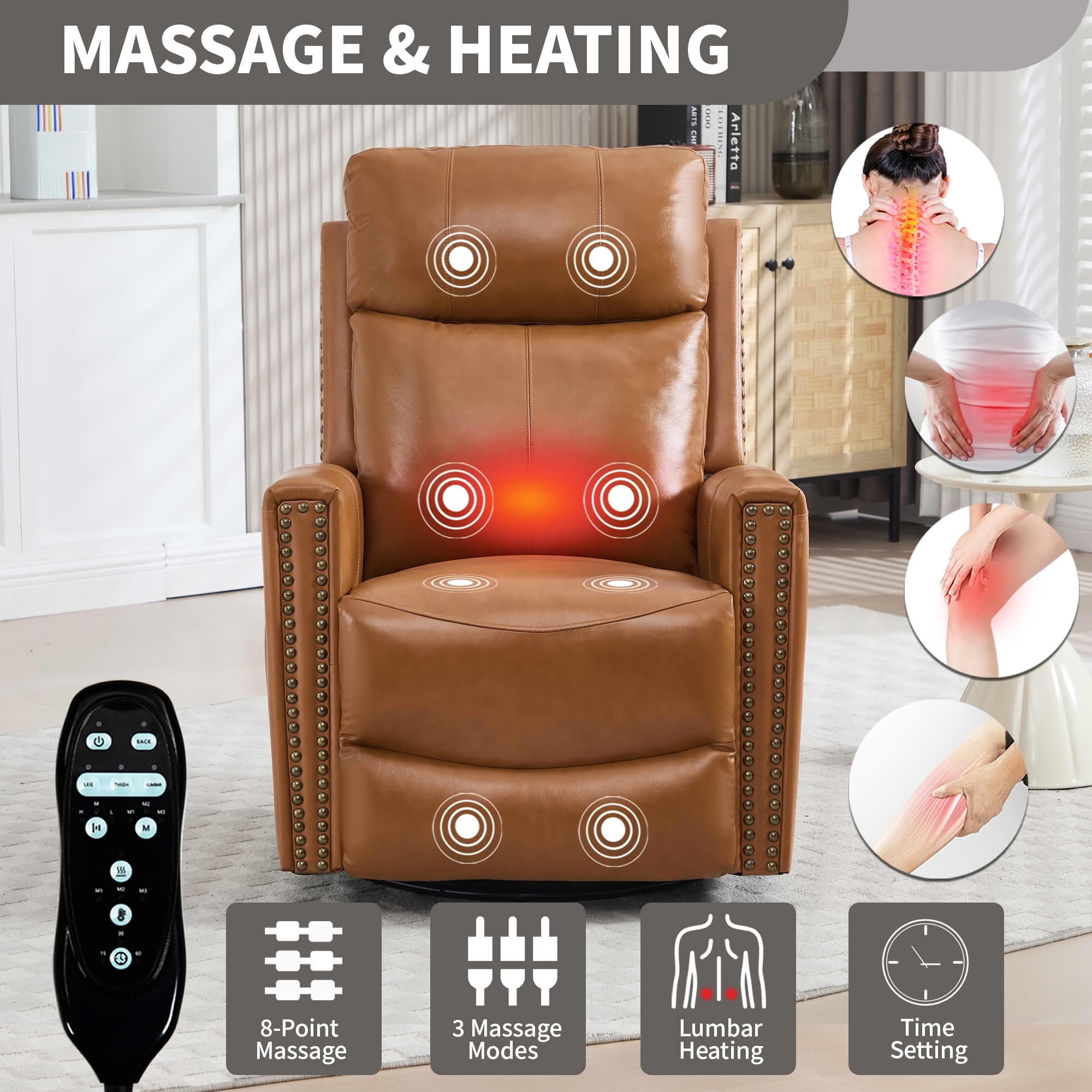 MAYEERTY Orange Genuine Leather Manual Recliner Chair 360° Swivel Rocker 155° Recline with 8-Point Massage Heat for Living Room