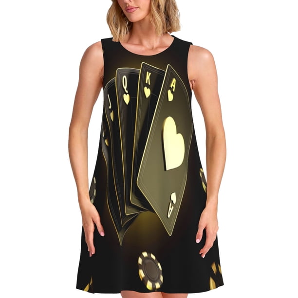 Balery Casino Cards 1 Vestidos de verano para mujer con estampado: vestido holgado sin mangas, vestido playero informal y cómodo para días calurosos.
