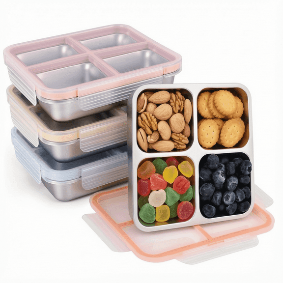 4 Pack 304 Stainless Steel Snack Containers with Lids,4 Compartment Leakproof Bento Lunch Boxes,Reusable Divided Storage Containers for Work,Travel,Office