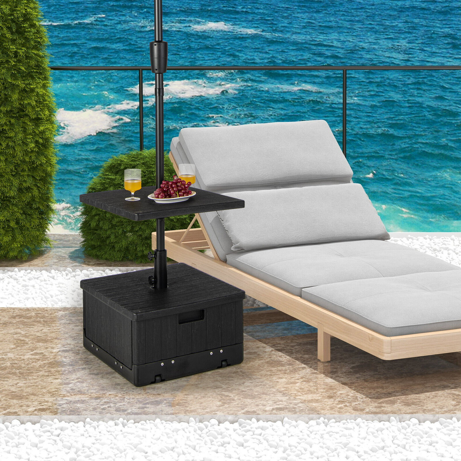 Amijoy 175 LBS Outdoor Fillable Umbrella Base w/ Table Tray, Weighted Bag, Wheel, Handle, 3-in-1 Coffee End Table Planter Box Umbrella Stand