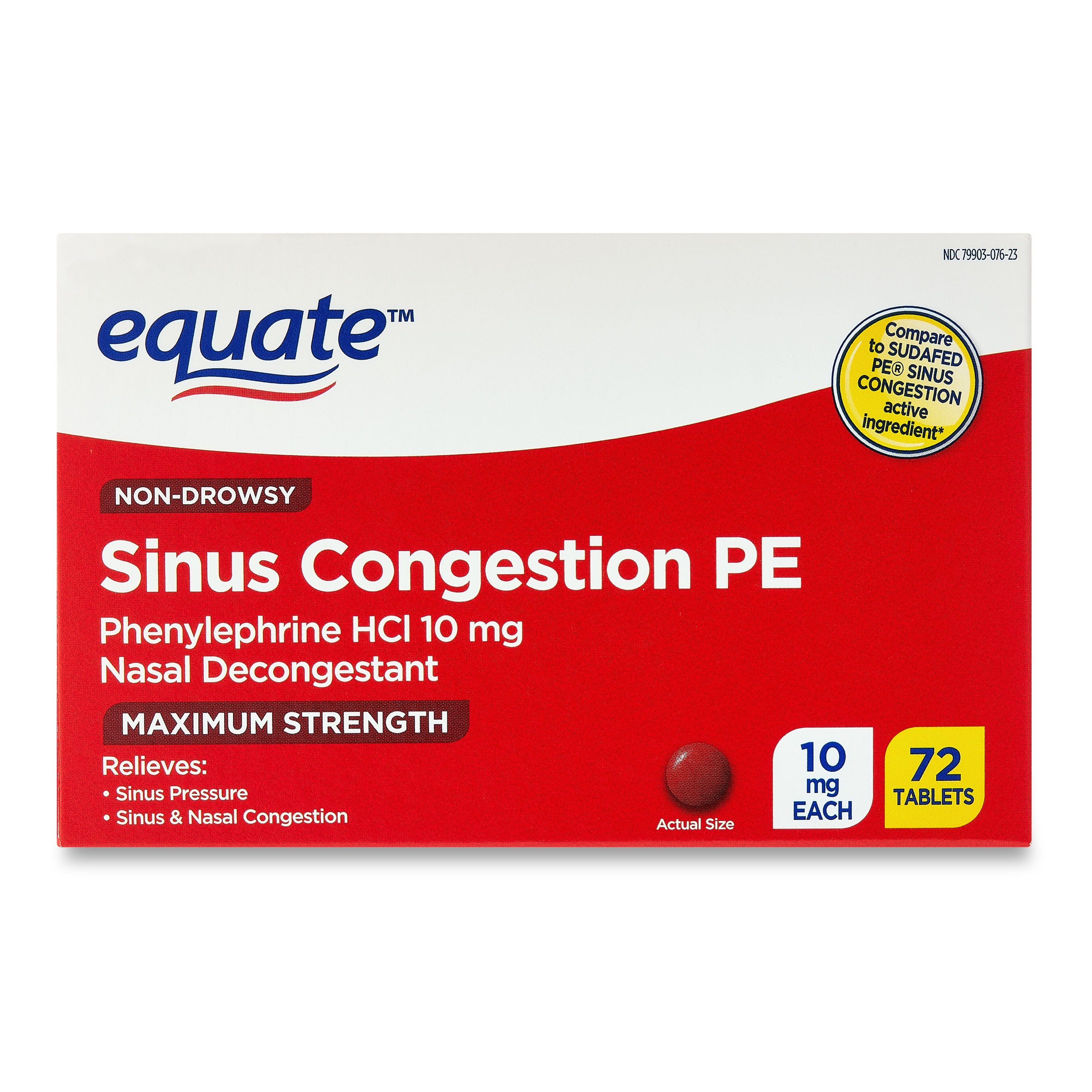 Equate Maximum Strength Non Drowsy Sinus Congestion PE Medicine, 72 Tablets