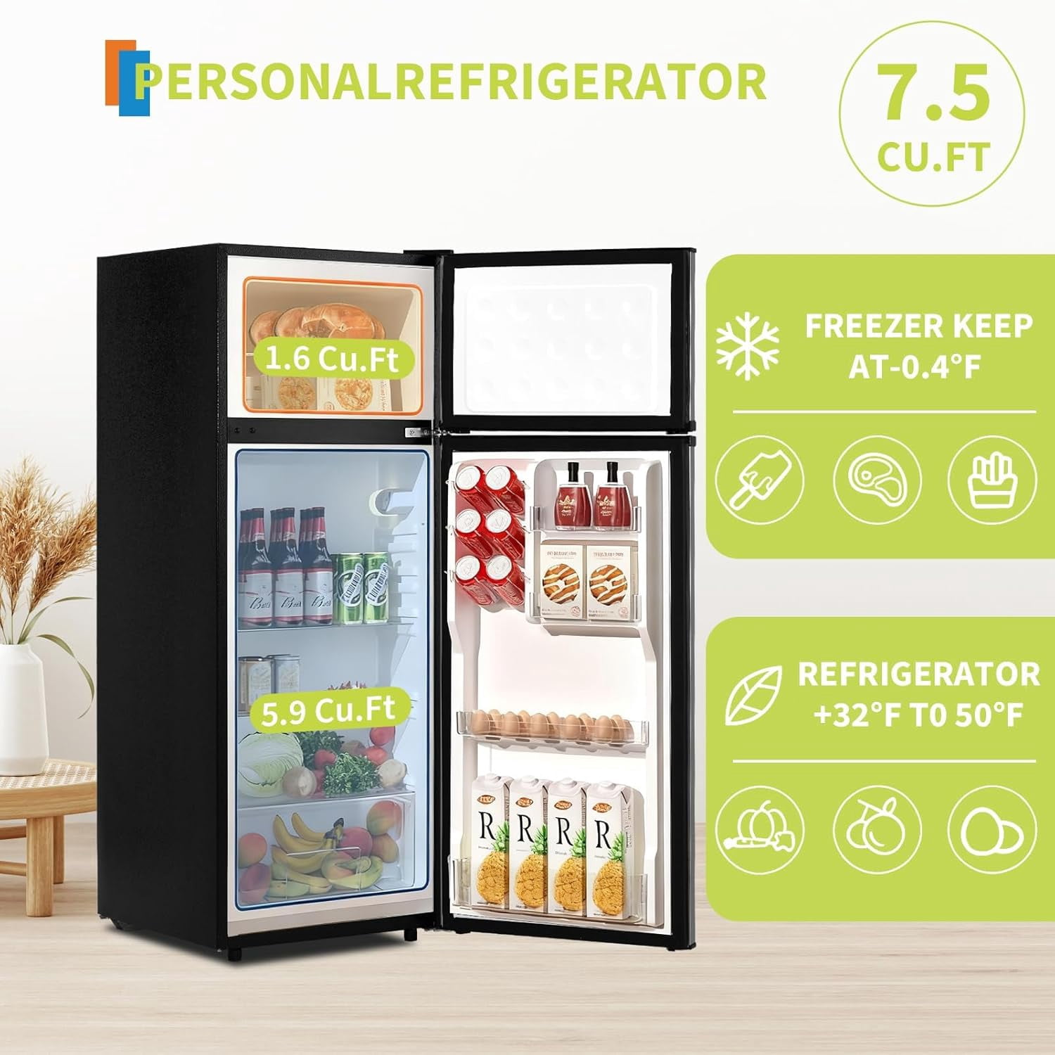 7.5 Cu.Ft Refrigerator with Freezer, 2 Door Fridge, 7 Settings Temperature Adjustable, Large Capacity, Food Storage or Cooling drinks,for Dorm, Office, Bedroom, Kitchen, Bar Use​