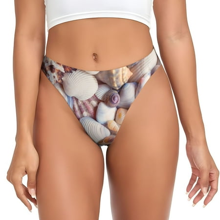 Qokaie Sea Shells Printed Women s Cotton Thong Underwear  Sexy Breathable Panties G-string-Medium