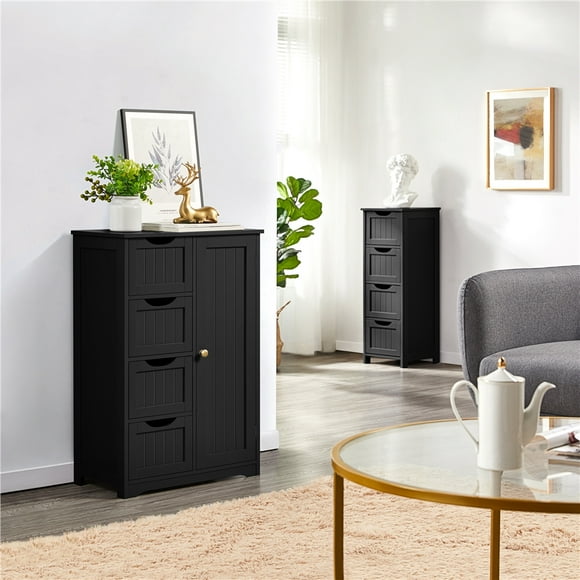 Yaheetech Wooden Bathroom Cabinet with 4 Drawers and Cupboard, Black