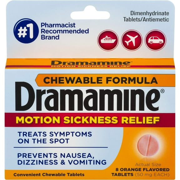 Dramamine Chewable Formula Motion Sickness Relief | Orange | 8 Count | 3 Pack