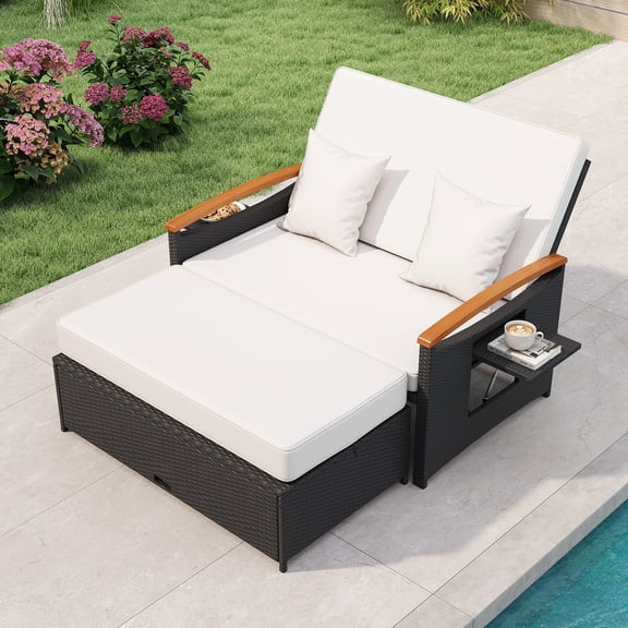 Gymax Patio Rattan Daybed Set w/Cushioned Loveseat & Storage Ottoman for Porch Outdoor White