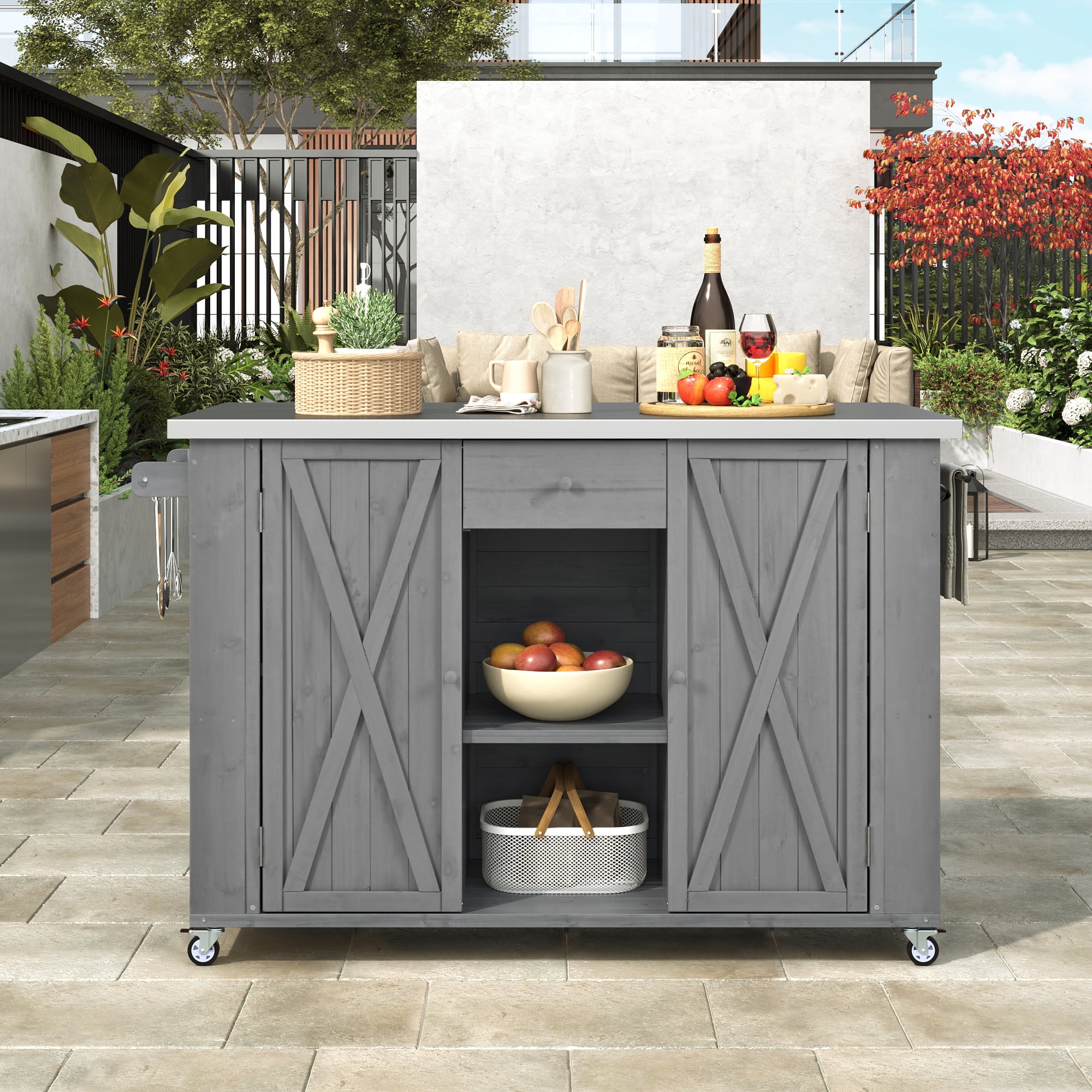 Outdoor Kitchen Cabinet, Fir Wood Furniture with Stainless Steel Top for Patio, Grey
