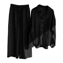 Harpily Trousers Suit Women Casual Solid Retro Plus Size Cotton Button Shirt High Waist Loose Pocket Long Pant Suit Black Black S