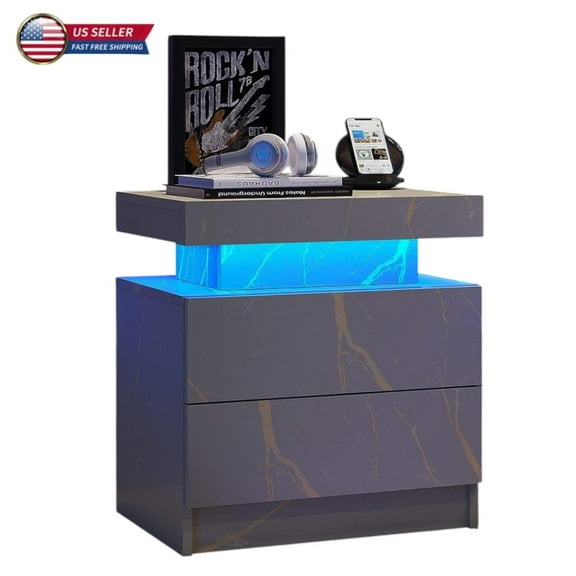 GZXS Modern Nightstand with Adjustable LED Lights, 2-Drawer Bedside End Table for Bedroom & Living Room (Gray Gold)