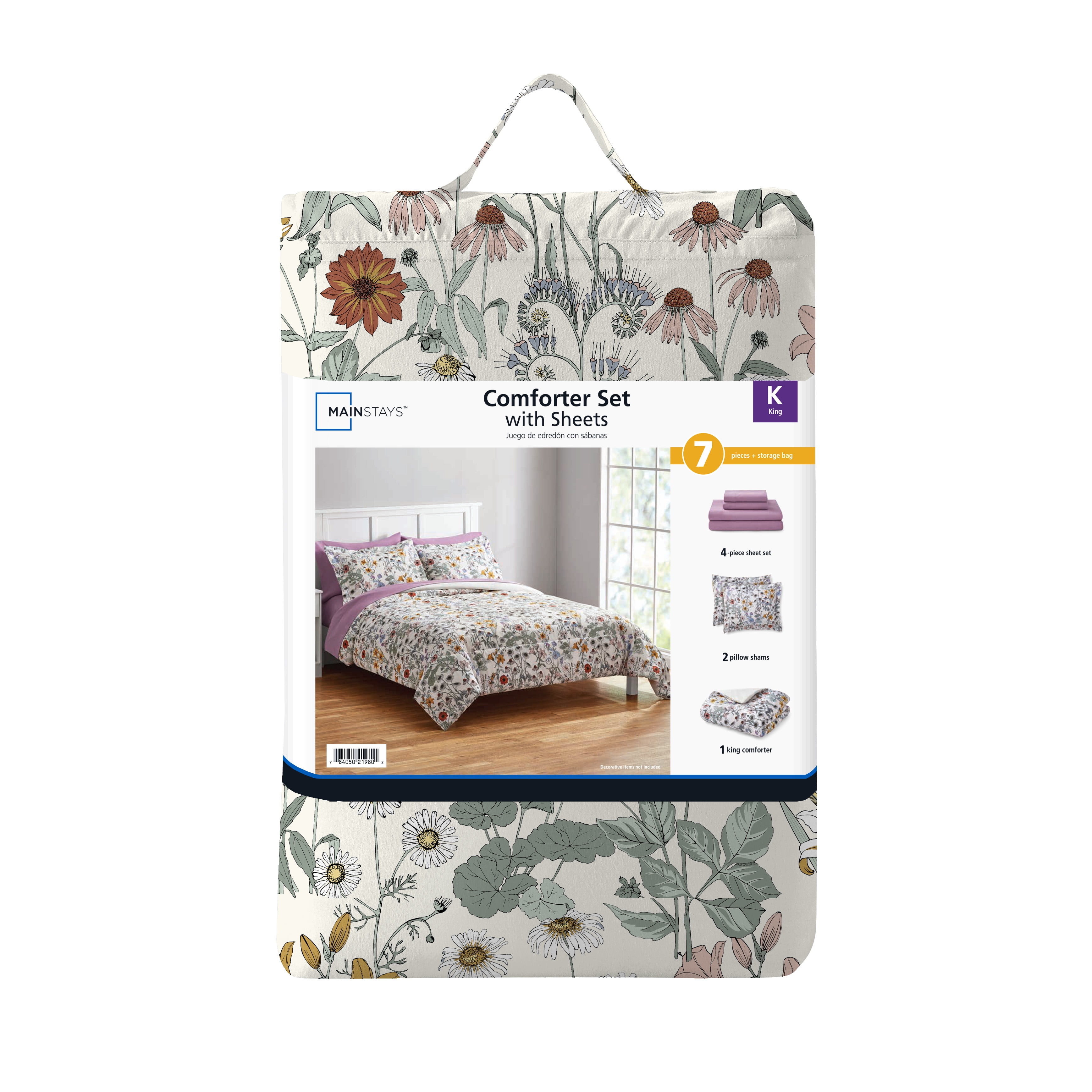 Mainstays 7-Piece Reversible Bed in a Bag Comforter Set with Sheets, White Multi Floral, King