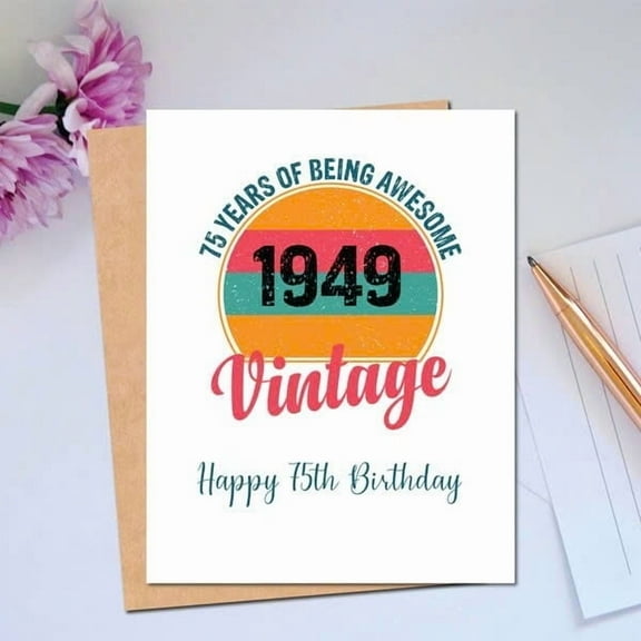 75th Birthday Vintage Card – "75 Years of Being Awesome" 1949 Design – Blank Inside, Envelope Included – Perfect for Celebrating Milestones