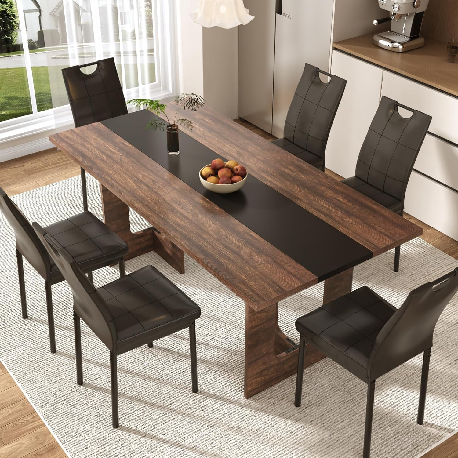 K3915 6-Piece Rustic Dining Set, Espresso Wood Table, Bench & 4