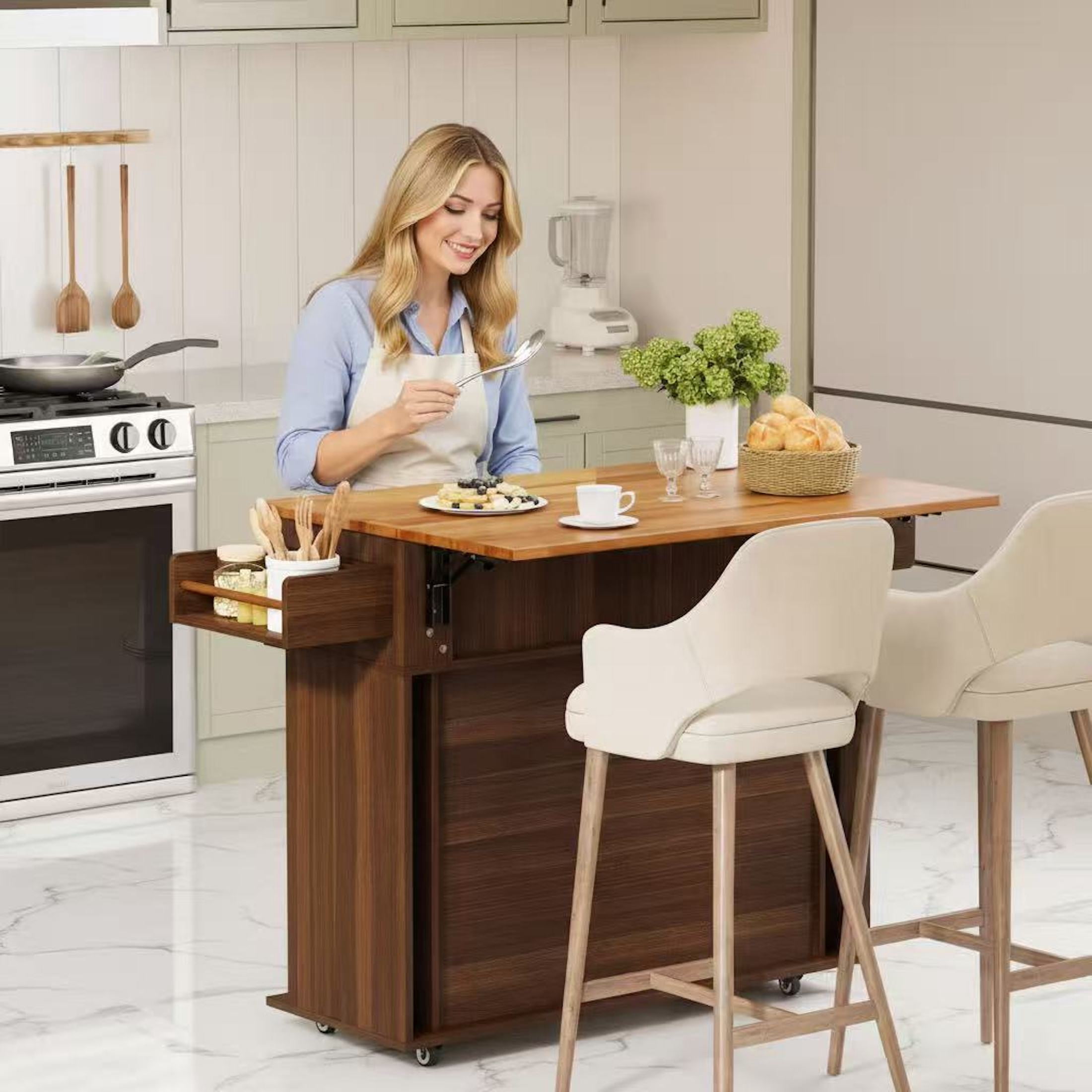 Aisword Rolling Kitchen Island with Drop Leaf Countertop, Mobile Kitchen Cart on Wheels, Sliding Door, Drawers, Spice Rack & 2-Tier Storage, Walnut