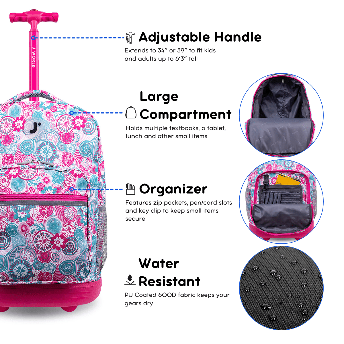 J World Girls Sunrise 18" Rolling Backpack for School and Travel, Blue Raspberry