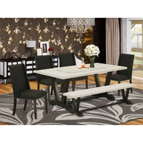 East West Furniture 6-Piece Kitchen Dining Table Set-Black Linen Fabric Seat and High Stylish Chair Back Upholstered Dining chairs, A Rectangular Bench and Rectangular Top Kitchen Table with Solid...